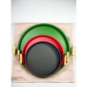 Kitchen Trend 3 Lü 45,37,30 cm Ahşap Kulplu Metal Tepsi Sunum Tepsi Seti