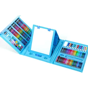 Mj Toys 208 Parça Çocuk Boyama Seti Kırtasiye Kutusu Fırça Seti Kuru Kalem Pastel Boya Mavi