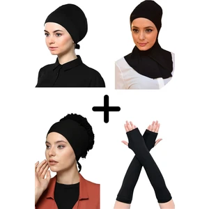 Belifanti Collection Kadın Penye Boyunluklu Bone Namaz Kolluğu Fırfırlı Bone Düz Bone Siyah 4'lü Set