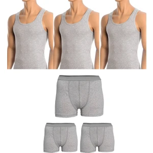 Belifanti Collection Erkek Pamuklu 3'lü Gri Atlet ve 3'lü Gri Boxer 6 Parça Set