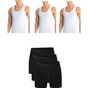 Belifanti Collection Erkek Pamuklu 3'lü Beyaz Atlet ve 3'lü Siyah Boxer 6 Parça Set