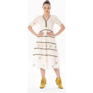 Eliş Şile Bezi Kısa Kol Vual Nakışlı V Yaka Reyhan Uzun Yazlık Otantik Elbise Krem Krm