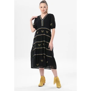 Eliş Şile Bezi Kısa Kol Vual Nakışlı V Yaka Reyhan Uzun Yazlık Otantik Elbise Siyah Syh