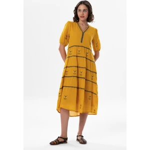 Eliş Şile Bezi Kısa Kol Vual Nakışlı V Yaka Reyhan Uzun Yazlık Otantik Elbise Hardal Hrd