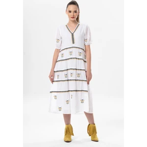 Eliş Şile Bezi Kısa Kol Vual Nakışlı V Yaka Reyhan Uzun Yazlık Otantik Elbise Beyaz Byz