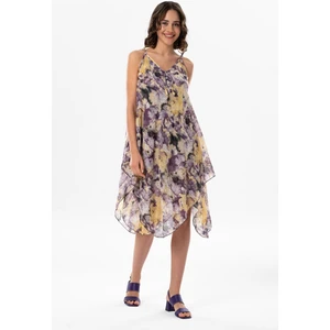 Askılı Vual Afrodit Midi Boy Yazlık Elbise Batik Mor 6207