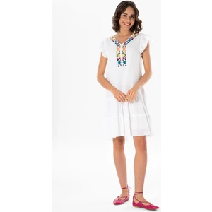 Eliş Şile Bezi Kolsuz Şile Bezi Nakışlı Delfin Kısa Yazlık Otantik Elbise Beyaz Byz