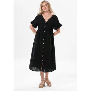 Eliş Şile Bezi Kısa Kol Büzgülü Afra Midi Boy Yazlık Müslin Elbise Siyah Syh