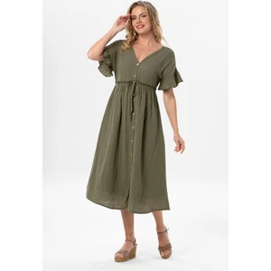 Eliş Şile Bezi Kısa Kol Büzgülü Afra Midi Boy Yazlık Müslin Elbise Haki Hk