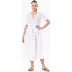 Eliş Şile Bezi Kısa Kol Büzgülü Afra Midi Boy Yazlık Müslin Elbise Beyaz Byz
