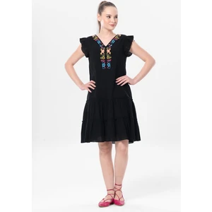 Eliş Şile Bezi Kolsuz Şile Bezi Nakışlı Delfin Kısa Yazlık Otantik Elbise Siyah Syh