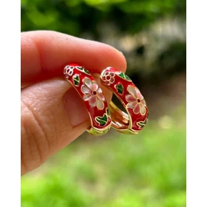 Vintage Kırmızı Halka Kadın Çelik Küpe