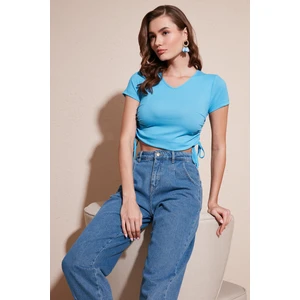 Slim Fit V Yaka Yanları Büzülebilir Bluz Kadın Bluz 5864011