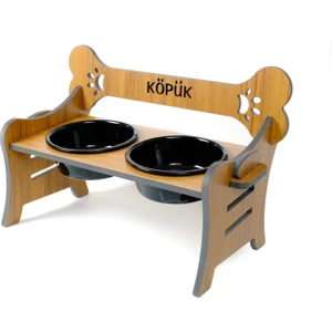 Suya Dayanıklı Ahşap Özel Isim Baskılı Seramik Kaseli Kademeli Köpek Mama ve Su Kabı Stantı