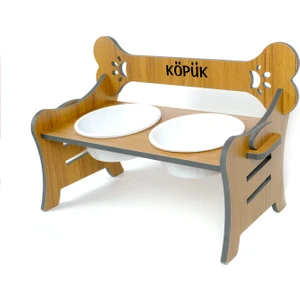 Suya Dayanıklı Ahşap Özel Isim Baskılı Seramik Kaseli Kademeli Köpek Mama ve Su Kabı Stantı