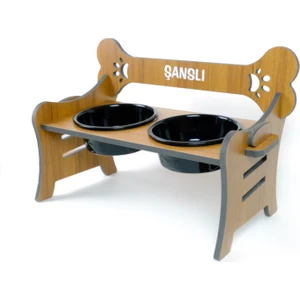 Suya Dayanıklı Ahşap Özel Isim Baskılı Seramik Kaseli Kademeli Köpek Mama ve Su Kabı Stantı