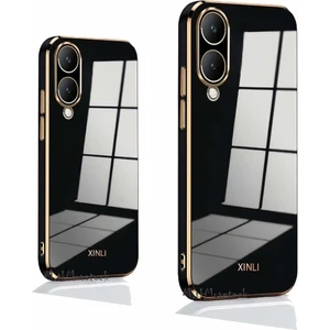M.TK Moveteck Vivo Y17S Kılıf Kamera Korumalı Parlak Gold Altın Kenarlı Yumuşak Silikon Kapak Zırh Tank