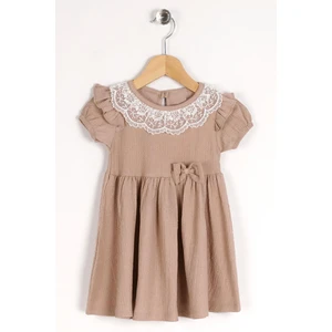 Bisiklet Yaka Dantelli Fiyonk Detaylı Bej Renk Elbise