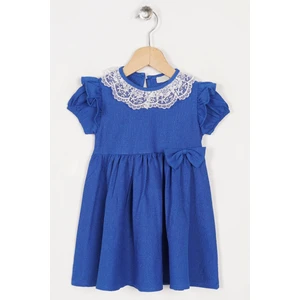 Bisiklet Yaka Dantelli Fiyonk Detaylı Saks Renk Elbise