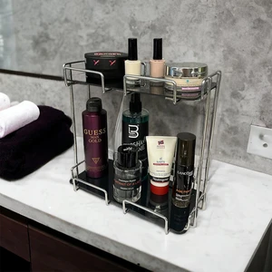 2 Katlı 28X14 Gümüş Banyo ve Kozmetik Düzenleyici - Çift Katlı Sunum ve Servis Tepsisi