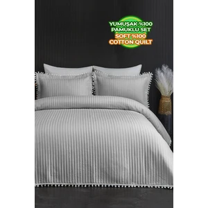 Evlen Home Collection Kapitone Ponpon %100 Pamuk  Yatak Örtüsü Çift Kişilik Gri 3 Parça Pike Takımı