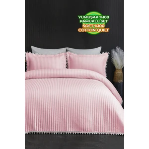 Evlen Home Collection Kapitone Ponpon 3 Parça Yatak Örtüsü Çift Kişilik Pudra
