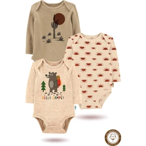 3'lü Organik"hello Camper" Baskılı Uzun Kollu Bebek Body Zıbın   UZUN-BEJ-KAHVE-GÜNEŞ262-721