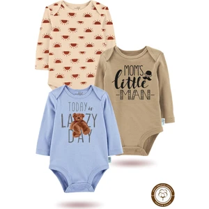 3'lü Organik" Moms Little Man" Baskılı  Desenli Uzun Kollu Bebek Body Zıbın    UZUNGÜNEŞ-KAHVE-MAVI-1-715