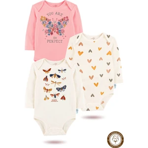 3'lü Organik"butterfly" Baskılı  Desenli Uzun Kollu Bebek Body Zıbın    UZUNPEMBE-EKRU-KALP-725-111