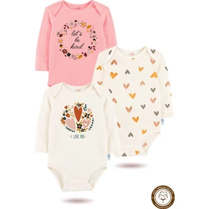 3'lü Organik"let's Be Kind" Baskılı  Desenli Uzun Kollu Bebek Body Zıbın    UZUNPEMBE-EKRU-KALP-768-635