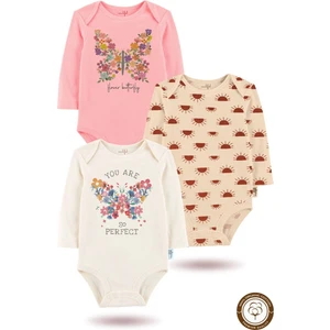 3'lü Organik "butterfly Baskılı Uzun Kollu Bebek Body ZIBINUZUN-GÜNEŞ-EKRU-PEMBE-111-113