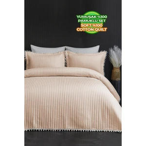 Evlen Home Collection Kapitone Ponpon %100 Pamuk  Yatak Örtüsü Çift Kişilik 3 Parça Pike Takımı Bej
