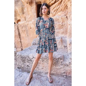 23064 Kadın Etnik Desen Truvakar Kol V Yaka Elbise-Lacivert