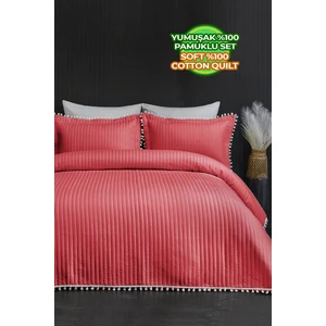 Evlen Home Collection Kapitone Ponpon 3 Parça Yatak Örtüsü Çift Kişilik Kırmızı Günlük Pike Takımı