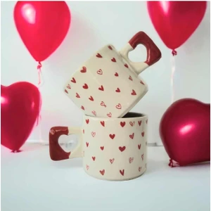 İki Seramik 2'li Kırmızı Minik Kalpler Çizimli El Yapımı Doğal Seramik Kalp Kupa Bardak/mug-Çay&kahve Fincanı