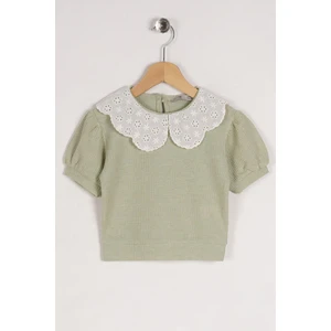 Bebe Yaka Kısa Kol Bebe Yaka Dantelli Mını Karelı Cagla Yesil Renk Kız Çocuk Tshirt