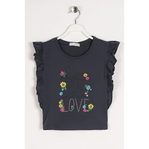 Bisiklet Yaka Kısa Kol Lıttle Thınk Love Yazı Baskılı Yanları Fırfırlı Fume Renk Kız Çocuk Tshirt