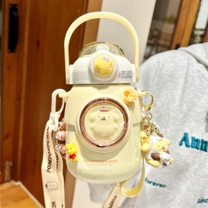 CCmoo Pretty Sanrio Kuromi Okul Için Çocuk Termos Bardağı, Kızlar Için Sevimli Pipetli Bardak, Sevimli Göbekli Su Bardağı, Puding Köpek + Üç Boyutlu Dekorasyon + Bebek Anahtarlık #700ML (Yurt Dışından)
