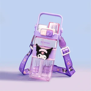 CCmoo Pretty Yeni Sanrio Çocuk Su Bardağı, Pipetli Bardak, Tritan Malzemeden Su Bardağı, Kare Bardak, Portatif Bardak, Karikatür Bardak, Mor Büyük Kafalı Kurome #570ML (Yurt Dışından)