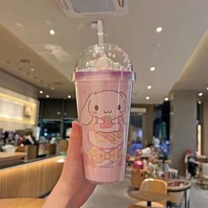 CCmoo Pretty Yaz Net Kırmızı Yeni Kulomi Su Bardağı Yaratıcı Sanli Martı Sevimli Çizgi Film Yüksek Değerli Çift Katmanlı Pipet Bardak Mor-Yugui Köpek #450ML (Yurt Dışından)