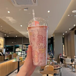 CCmoo Pretty Yaz Internet Ünlüsü Yeni Kuromi Su Bardağı Yaratıcı Sanrio Sevimli Karikatür Yüksek Görünümlü Çift Katmanlı Pipetli Bardak Pembe-Melody #450ML (Yurt Dışından)