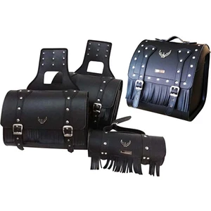 Motosiklet 4'lü Set Takım Deri Yan Heybe Sosis ve Arka Çanta Chopper Siyah Model Motor Heybe Çantası