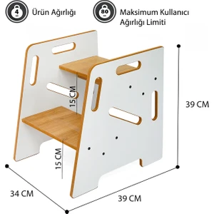 Çocuk / Yetişkin Montessori Ahşap Basamak, Yükseltici, Tabure / Beyaz + Naturel