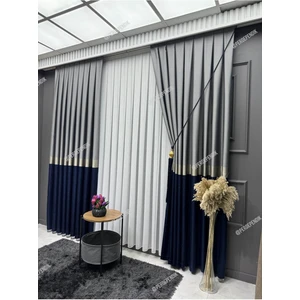 Perde Pendik Pano Fon Perde,elegans Seri Azra Desen Lacivert Gold Gri,taç,brilant,blackout,sık Pile,(Tek Kanat)