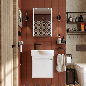 Ayaksız Tek Kapaklı Sol Lavabolu 46 cm Leo Banyo Alt Dolabı + Aynalı Üst Dolabı