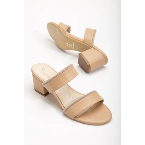 Dilimler Ayakkabı İki Bantlı Taşlı Cilt Nude Kadın Kısa Topuklu Terlik
