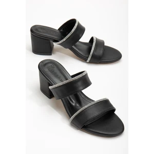 Dilimler Ayakkabı İki Bantlı Taşlı Cilt Siyah Kadın Kısa Topuklu Terlik