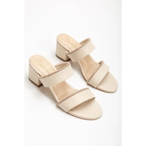 İki Bantlı Taşlı Cilt Ten Kadın Kısa Topuklu Terlik