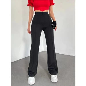 Hira Fashion Kadın Siyah Nervür Dikişli Toparlayıcı Yüksek Bel Ispanyol Paça Pantolon