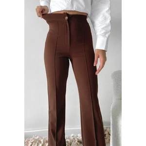 Hira Fashion Kadın Kahverengi Nervür Dikişli Toparlayıcı Yüksek Bel Ispanyol Paça Pantolon